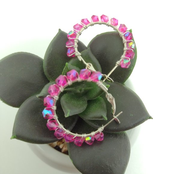 Swarovski Crystals Wire Wrapped on Silver Plated Hoops - Picture 2 of 4